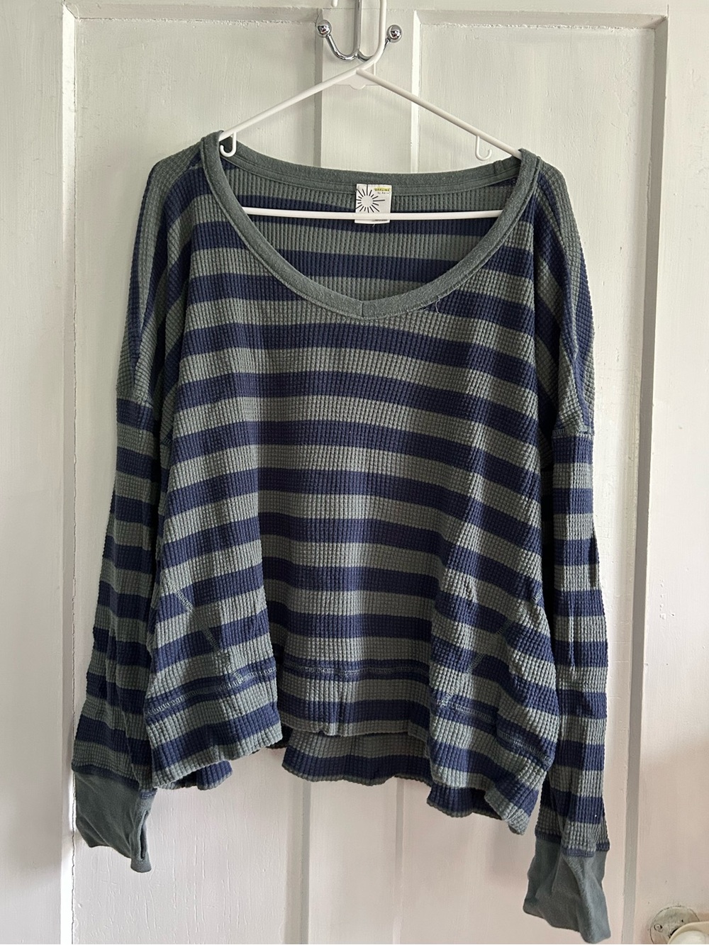 aerie Olive Green & Navy Striped Waffle-Knit Top